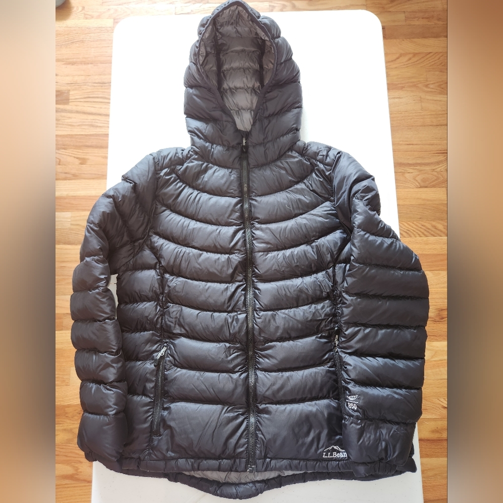 LL Bean Puffer Jacket Women's LG Petite Black Downtex Hooded 850 Pertex Quantum